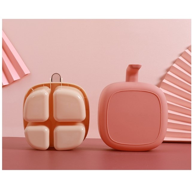 Recipient pentru condimente , 4 casute, potrivit pentru sare, cimbru, piper, condimente, 4 lingurite din plastic, capac din plastic, maner, 14x14x8 cm, roz - imagine 2