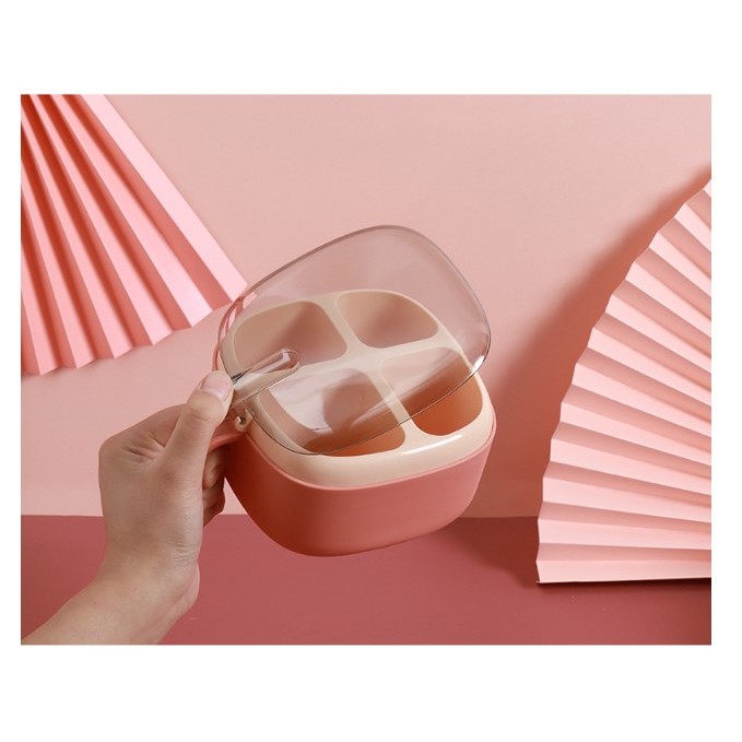 Recipient pentru condimente , 4 casute, potrivit pentru sare, cimbru, piper, condimente, 4 lingurite din plastic, capac din plastic, maner, 14x14x8 cm, roz - imagine 3