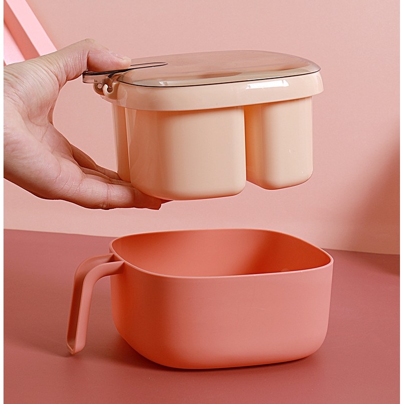 Recipient pentru condimente , 4 casute, potrivit pentru sare, cimbru, piper, condimente, 4 lingurite din plastic, capac din plastic, maner, 14x14x8 cm, roz - imagine 4