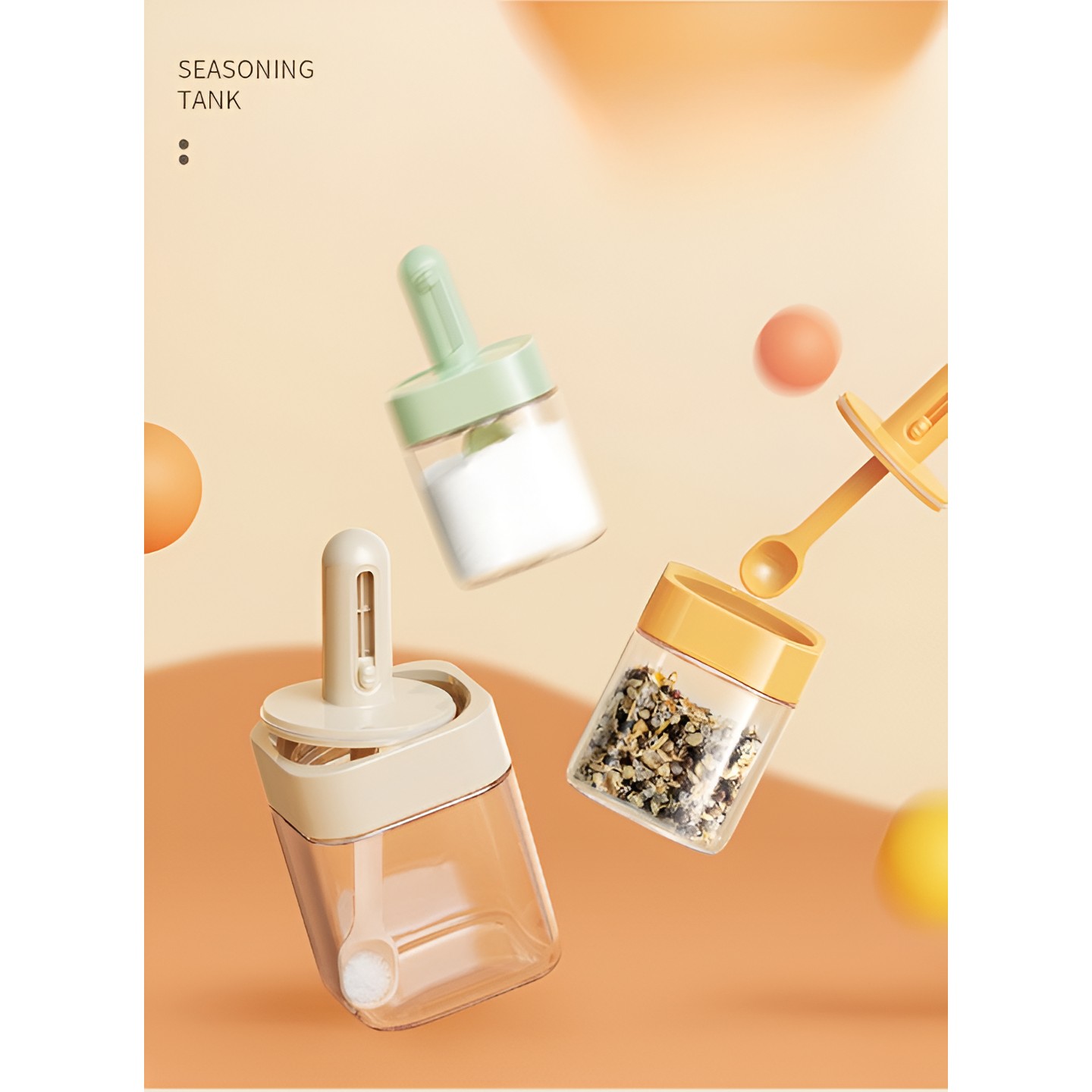 Recipient pentru Depozitarea Condimentelor, , Borcan din Sticla, Capac si Lingura Incorporate, Uz Casnic, 300 ml, 7.1x7.1x14.8 cm, Portocaliu - imagine 2