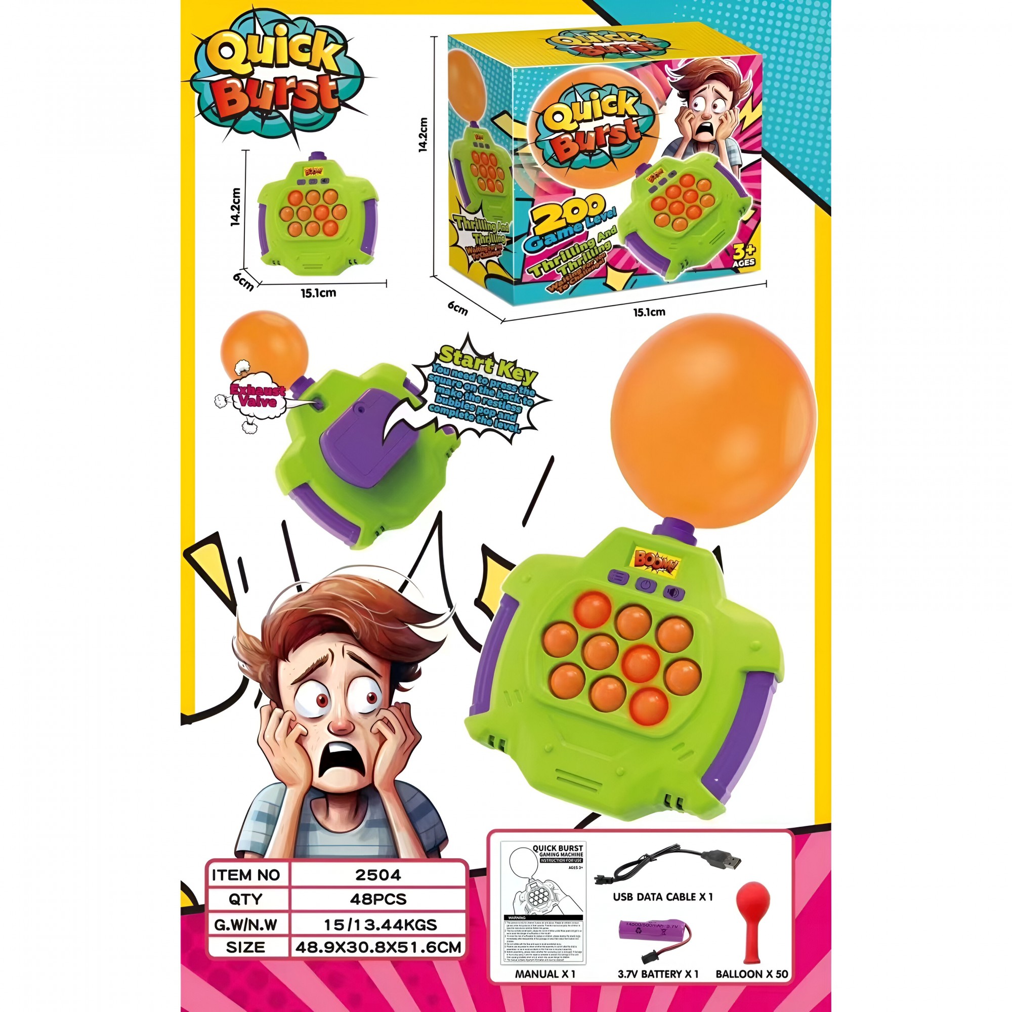 Joc Pop-It Antistres, , Electronic, 50 de Baloane, Muzica, 2 Moduri de Joc, Nivel Maxim 200, 14.5x13.5x5.7cm, Verde - imagine 3