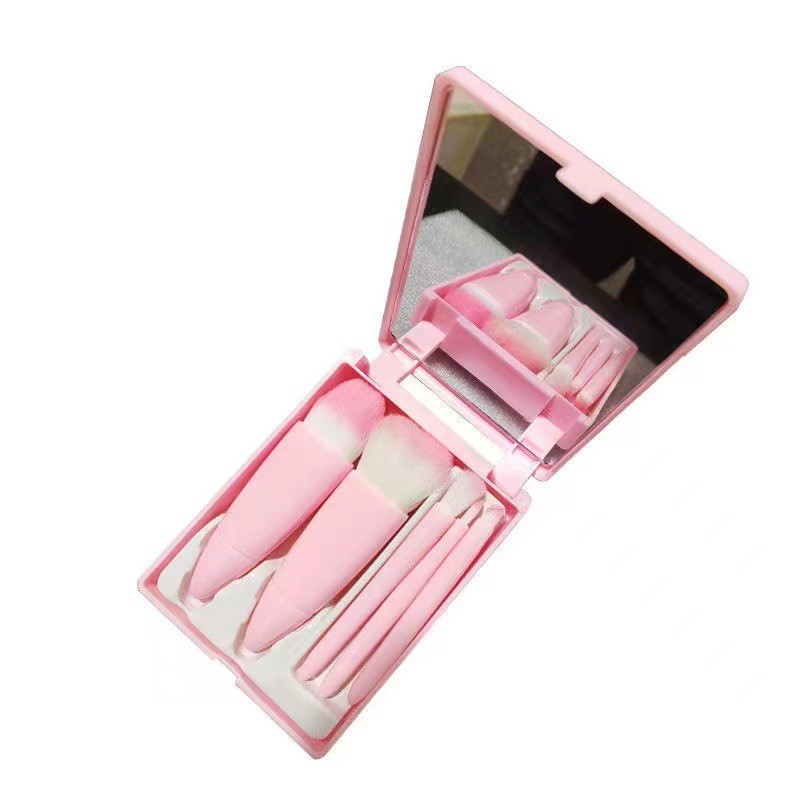 Set 5 Mini Pensule de Machiaj, , Portabile, in Carcasa cu Oglinda, din Par Sintetic Moale, Roz, 12x7x2.5 cm