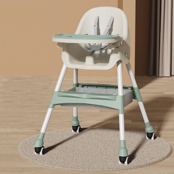 Scaun de masa pentru bebelusi si copii , cu roti, telescopic, pliabil, masuta reglabila, suport picioare, scaun invelis piele artificiala, centura siguranta, spatiu depozitare, 97 x 73 x 65 cm, verde - imagine 4