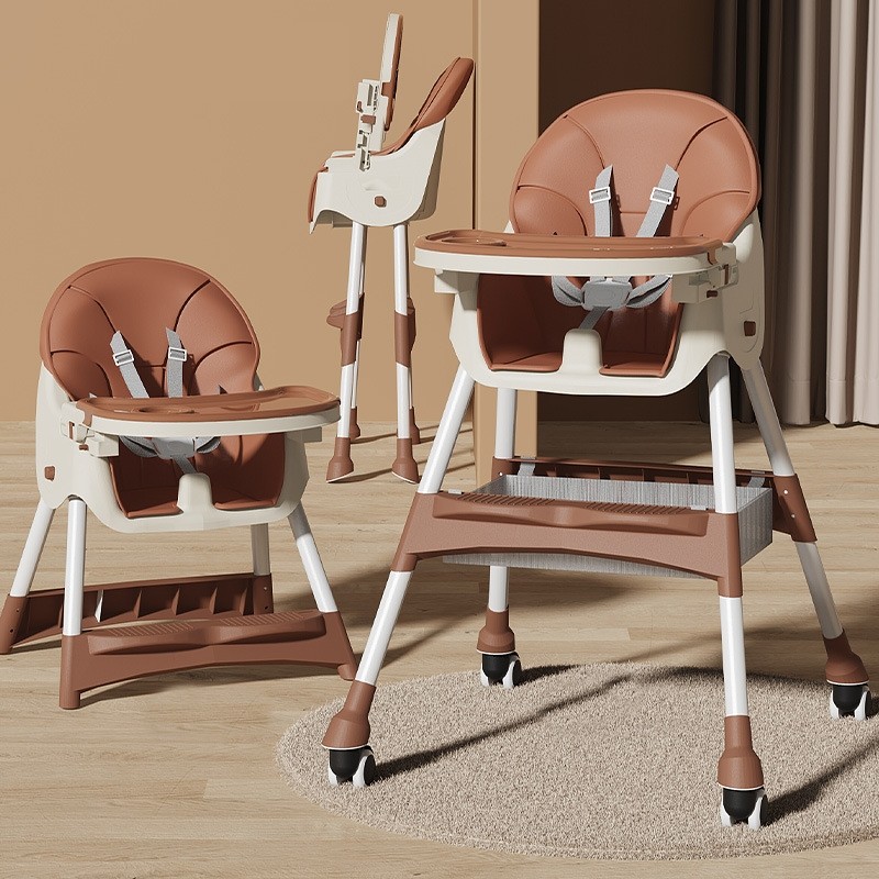 Scaun de masa pentru bebelusi si copii , cu roti, telescopic, pliabil, masuta reglabila, suport picioare, scaun invelis piele artificiala, centura siguranta, spatiu depozitare, 97 x 73 x 65 cm, maro - imagine 4