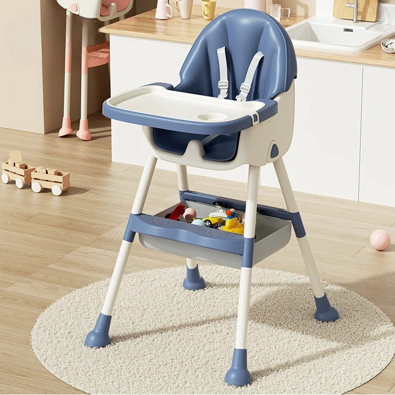Scaun de masa pentru bebelusi si copii , cu roti, telescopic, pliabil, masuta reglabila, suport picioare, scaun invelis piele artificiala, centura siguranta, spatiu depozitare, 97 x 73 x 65 cm, albastru - imagine 3