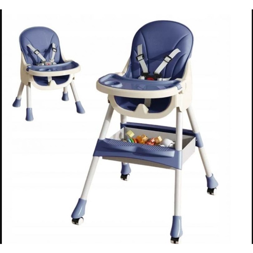 Scaun de masa pentru bebelusi si copii , cu roti, telescopic, pliabil, masuta reglabila, suport picioare, scaun invelis piele artificiala, centura siguranta, spatiu depozitare, 97 x 73 x 65 cm, albastru - imagine 4