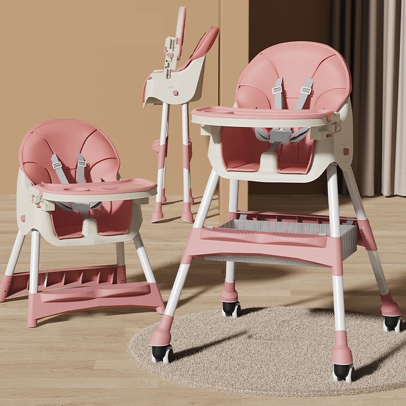 Scaun de masa pentru bebelusi si copii , cu roti, telescopic, pliabil, masuta reglabila, suport picioare, scaun invelis piele artificiala, centura siguranta, spatiu depozitare, 97 x 73 x 65 cm, roz - imagine 2
