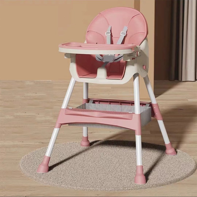 Scaun de masa pentru bebelusi si copii , cu roti, telescopic, pliabil, masuta reglabila, suport picioare, scaun invelis piele artificiala, centura siguranta, spatiu depozitare, 97 x 73 x 65 cm, roz - imagine 3