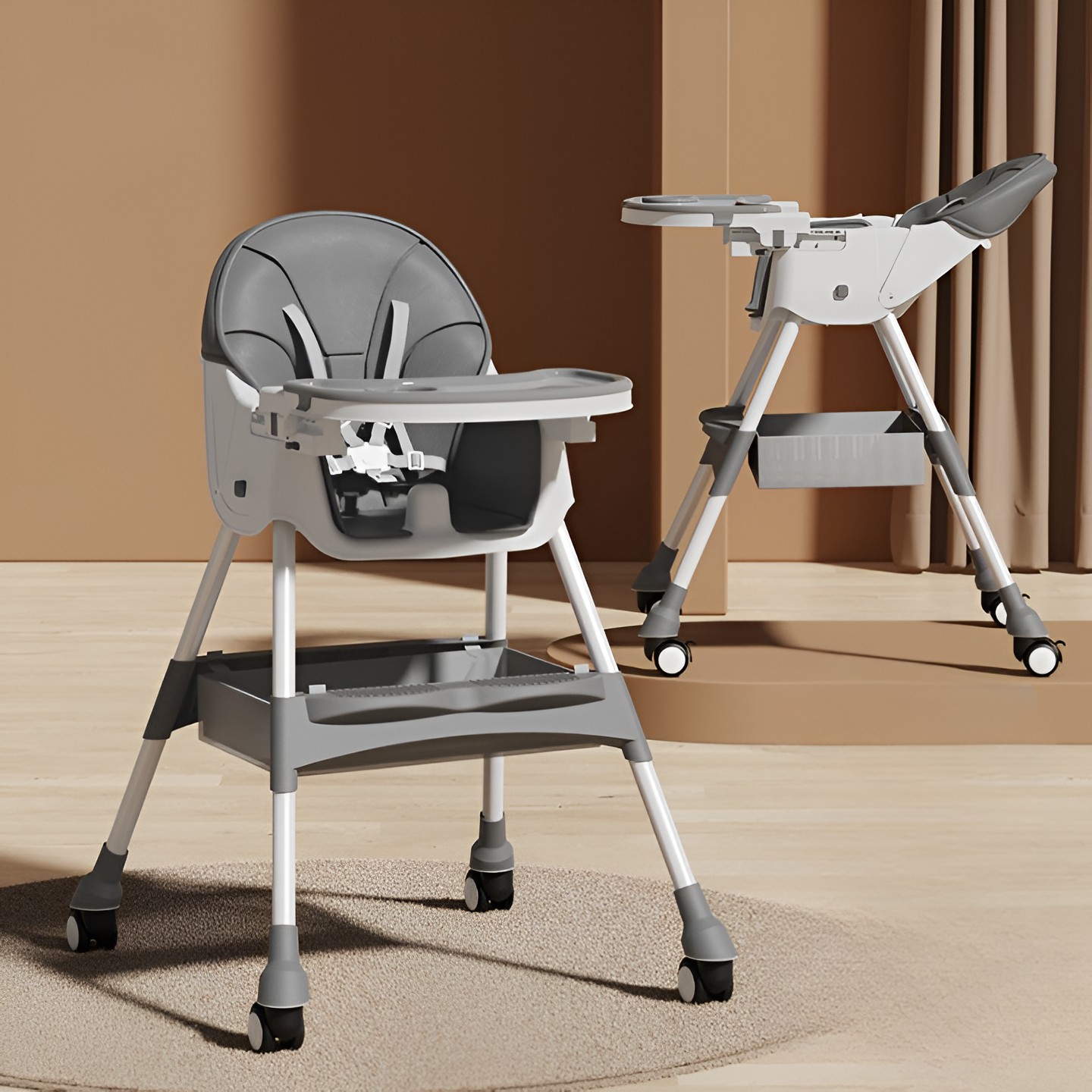 Scaun de Masa pentru Bebelusi si Copii, , cu Roti, Telescopic, Pliabil, Masuta Reglabila, Suport Picioare, Scaun cu Invelis Piele Artificiala, Centura Siguranta, Spatiu Depozitare, 97x73x65 cm, Gri - imagine 2