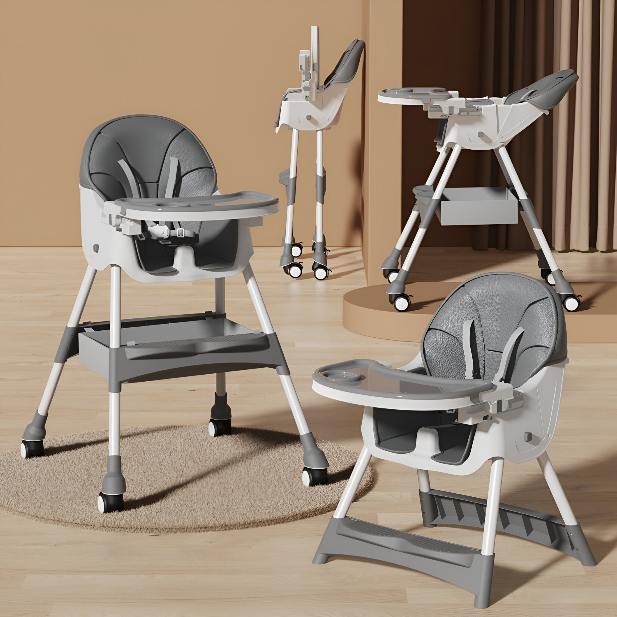 Scaun de Masa pentru Bebelusi si Copii, , cu Roti, Telescopic, Pliabil, Masuta Reglabila, Suport Picioare, Scaun cu Invelis Piele Artificiala, Centura Siguranta, Spatiu Depozitare, 97x73x65 cm, Gri - imagine 3