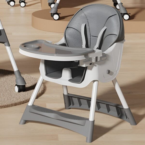 Scaun de Masa pentru Bebelusi si Copii, , cu Roti, Telescopic, Pliabil, Masuta Reglabila, Suport Picioare, Scaun cu Invelis Piele Artificiala, Centura Siguranta, Spatiu Depozitare, 97x73x65 cm, Gri - imagine 4