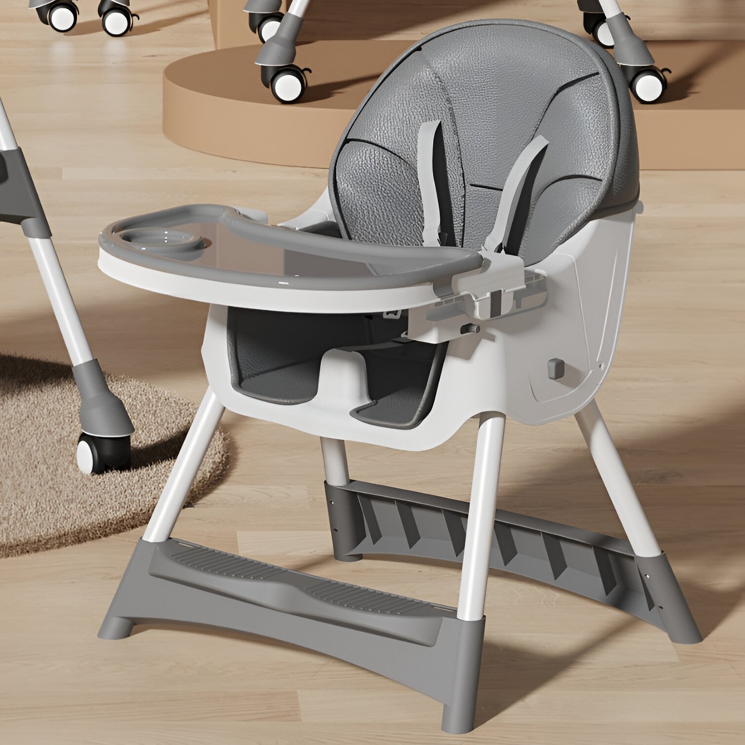 Scaun de Masa pentru Bebelusi si Copii, , cu Roti, Telescopic, Pliabil, Masuta Reglabila, Suport Picioare, Scaun cu Invelis Piele Artificiala, Centura Siguranta, Spatiu Depozitare, 97x73x65 cm, Gri - imagine 4