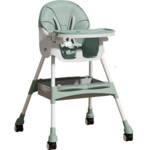 Scaun de masa pentru bebelusi si copii , cu roti, telescopic, pliabil, masuta reglabila, suport picioare, scaun invelis piele artificiala, centura siguranta, spatiu depozitare, 97 x 73 x 65 cm, verde