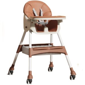 Scaun de masa pentru bebelusi si copii , cu roti, telescopic, pliabil, masuta reglabila, suport picioare, scaun invelis piele artificiala, centura siguranta, spatiu depozitare, 97 x 73 x 65 cm, maro