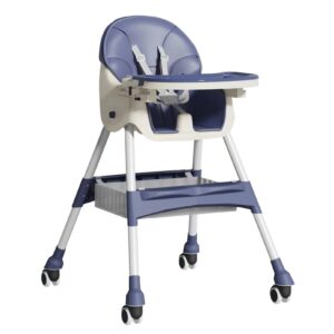 Scaun de masa pentru bebelusi si copii , cu roti, telescopic, pliabil, masuta reglabila, suport picioare, scaun invelis piele artificiala, centura siguranta, spatiu depozitare, 97 x 73 x 65 cm, albastru