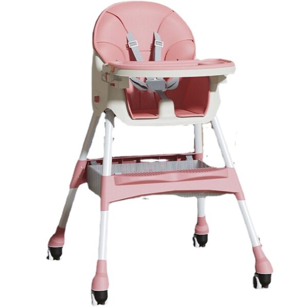 Scaun de masa pentru bebelusi si copii , cu roti, telescopic, pliabil, masuta reglabila, suport picioare, scaun invelis piele artificiala, centura siguranta, spatiu depozitare, 97 x 73 x 65 cm, roz