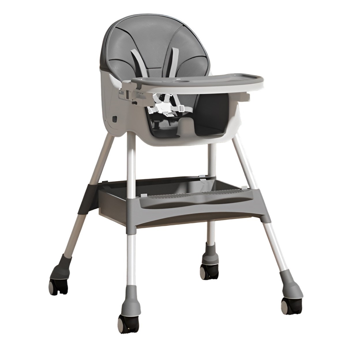 Scaun de Masa pentru Bebelusi si Copii, , cu Roti, Telescopic, Pliabil, Masuta Reglabila, Suport Picioare, Scaun cu Invelis Piele Artificiala, Centura Siguranta, Spatiu Depozitare, 97x73x65 cm, Gri