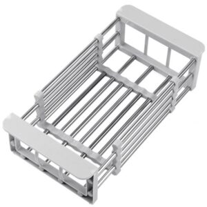 Suport Scurgere Extensibil pentru Bucatarie, , Uscator Vase din Otel Inoxidabil, Suport Tacamuri si Pahare, Suport pentru Fructe si Legume, 24.5 x 16.5 x 9.5 cmÂ Gri deschis