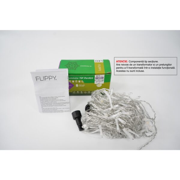 Sectiune Instalatie de Craciun  Tip Perdea, 8 jocuri de lumini, 1x1 m, 60 LED-uri, Interconectabila, Fir Transparent, Alb Cald