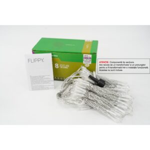 Sectiune Instalatie de Craciun  Tip Perdea, 8 jocuri de lumini, 2m x2 m, 240 LED-uri, Interconectabila, Fir Transparent, Alb-cald