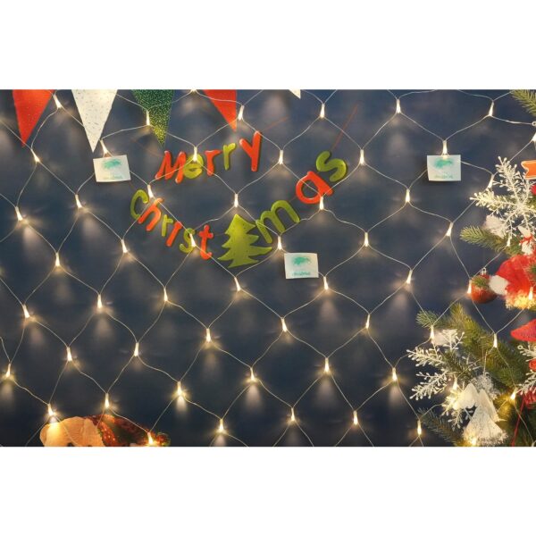 Sectiune Instalatie de Craciun , Tip Plasa, 80 LED-uri, 2 m x 1 m, 8 jocuri de lumini, Interconectabila, Fir transparent, Alb cald - imagine 3