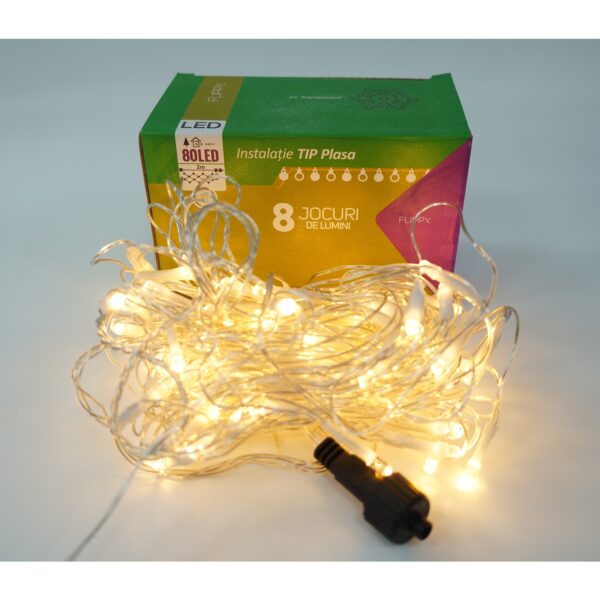 Sectiune Instalatie de Craciun , Tip Plasa, 80 LED-uri, 2 m x 1 m, 8 jocuri de lumini, Interconectabila, Fir transparent, Alb cald - imagine 4