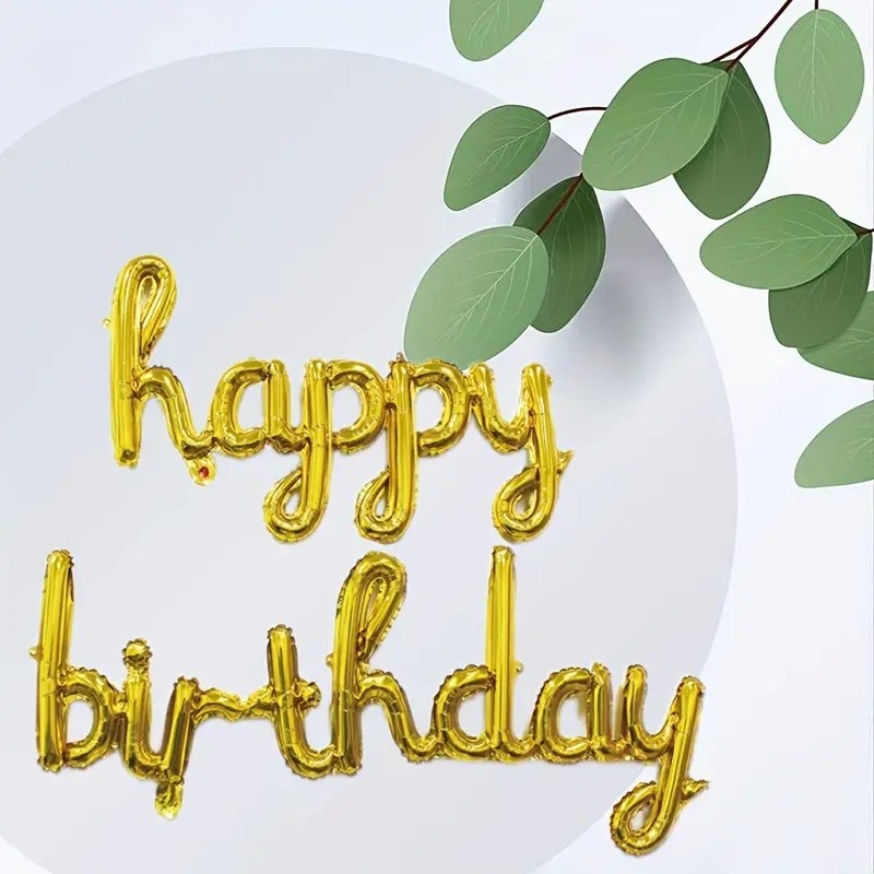 Set 10 Baloane din Folie Metalizata, , Figurine Litere, Model Scris de Mana Happy Birthday, Tema Aniversare, 40 cm, Ambalaj Individual, Pai Inclus, Umflare cu Aer sau Heliu, Auriu - imagine 2