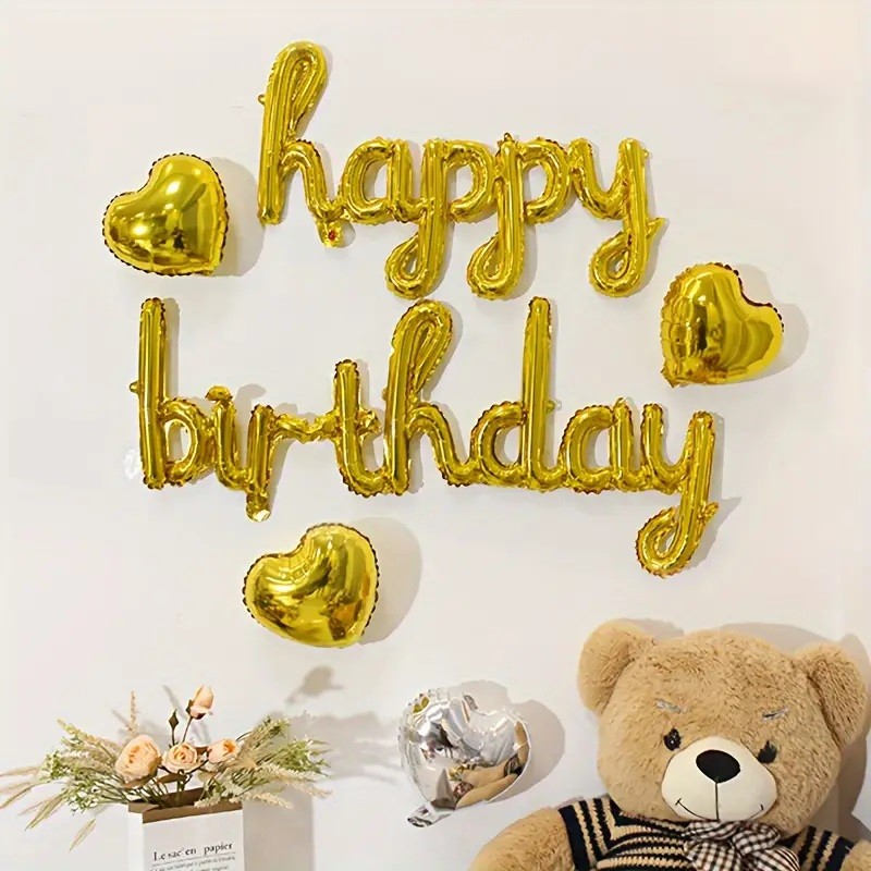 Set 10 Baloane din Folie Metalizata, , Figurine Litere, Model Scris de Mana Happy Birthday, Tema Aniversare, 40 cm, Ambalaj Individual, Pai Inclus, Umflare cu Aer sau Heliu, Auriu - imagine 3