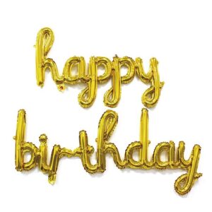 Set 10 Baloane din Folie Metalizata, , Figurine Litere, Model Scris de Mana Happy Birthday, Tema Aniversare, 40 cm, Ambalaj Individual, Pai Inclus, Umflare cu Aer sau Heliu, Auriu