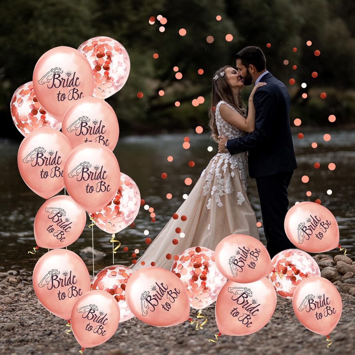 Set 10 Baloane din Latex, , Model Party Bride To Be, 30 cm, 2.8 g, Transparent, cu Confetti, Roz - imagine 3