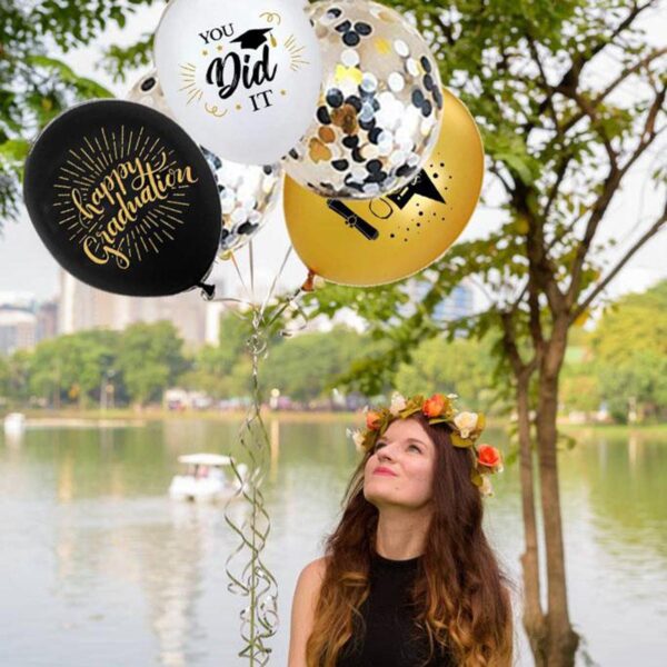 Set 10 Baloane din Latex Metalizate, , Model Absolvire, Negru Auriu Alb, 23 cm, 1.4 g - imagine 3