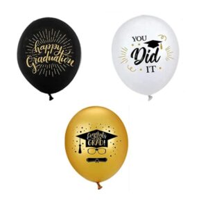 Set 10 Baloane din Latex Metalizate, , Model Absolvire, Negru Auriu Alb, 23 cm, 1.4 g