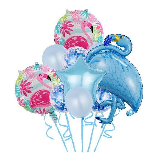Set Baloane party aniversare, , din Folie de aluminiu si Latex, set din 10 baloane Flamigo Party, 1 stea, 5 baloane latex, 2 rotunde, 60 -90 cm, Albastru