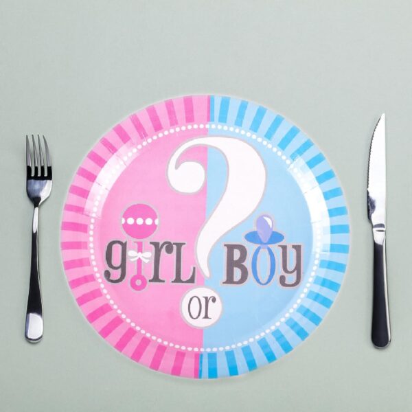 Set 10 Farfurii Gender Reveal, , Girl or Boy, din Carton, 18 cm, Roz/Albastru - imagine 4
