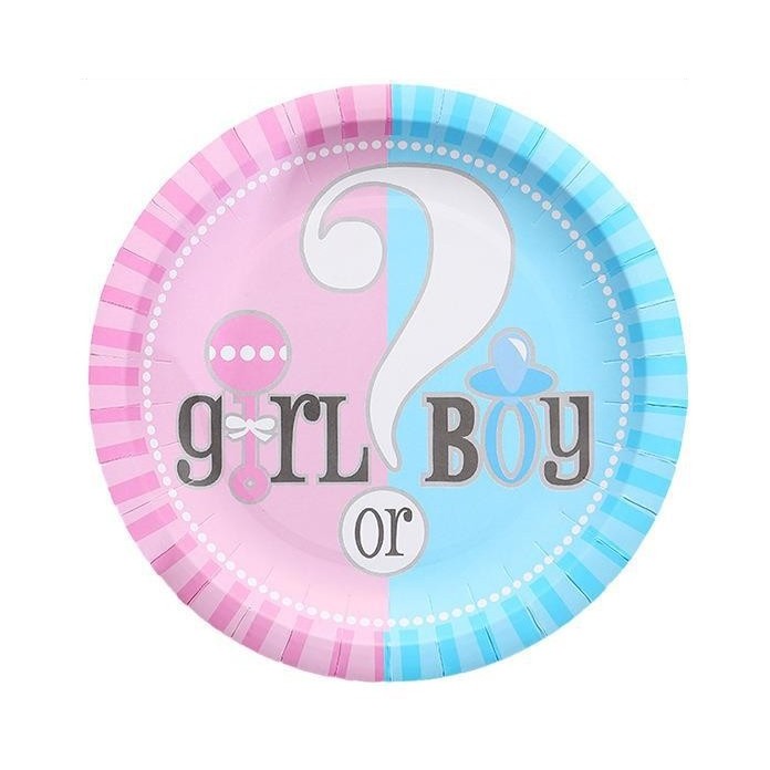 Set 10 Farfurii Gender Reveal, , Girl or Boy, din Carton, 18 cm, Roz/Albastru