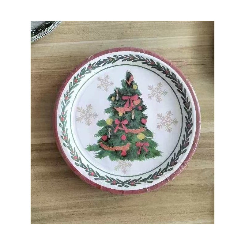 Set 10 Farfurii Unica Folosinta, , 23 cm, Model Brad de Craciun, Multicolor - imagine 2
