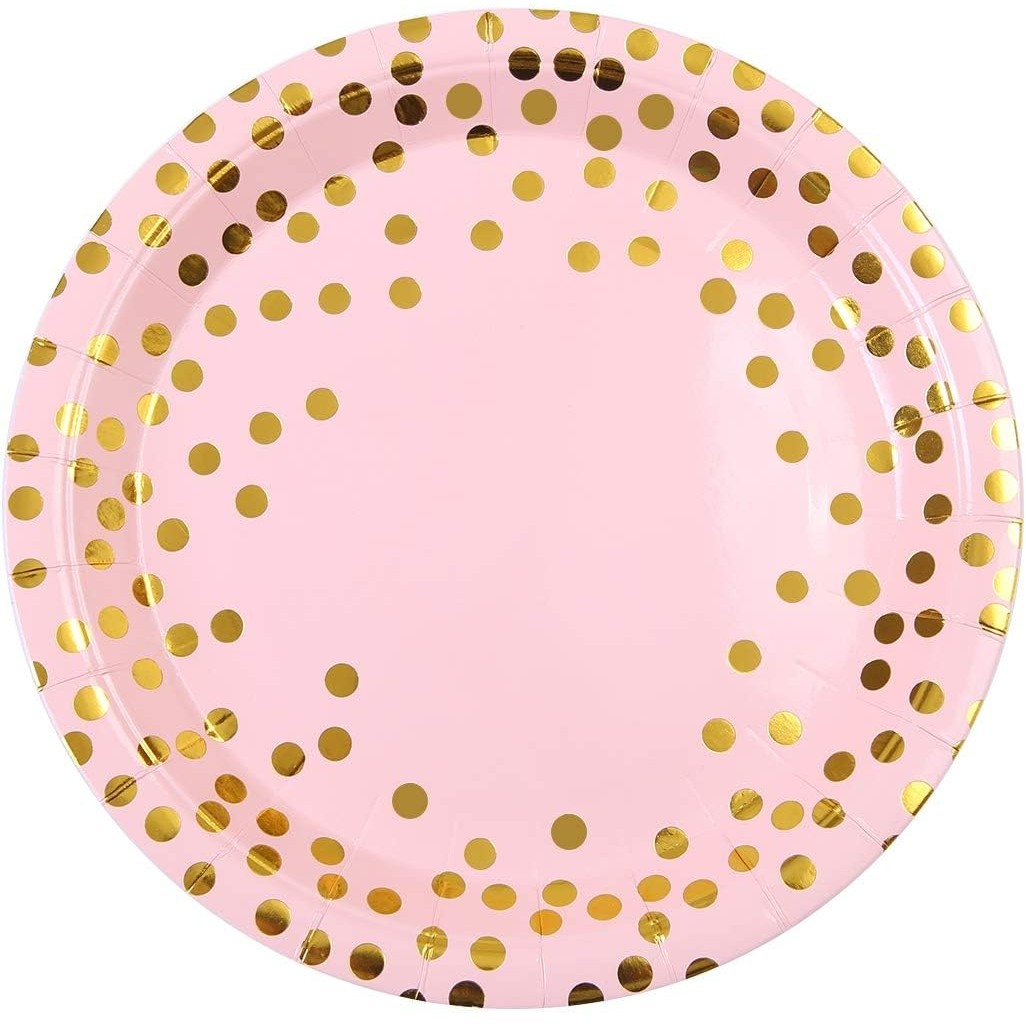 Set 10 Farfurii Unica Folosinta, , Imprimeu cu Buline, din Carton, Diametru 18 cm, Roz/Auriu