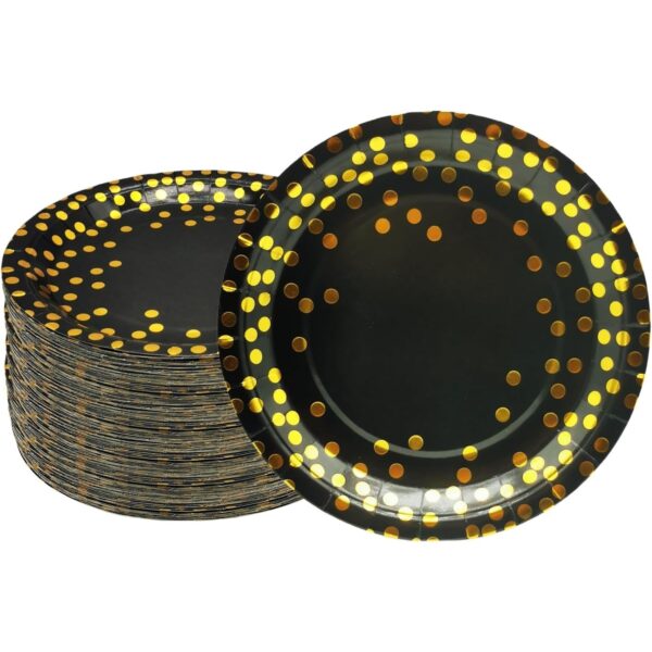 Set 10 Farfurii Unica Folosinta, , Imprimeu cu Buline, din Carton, Diametru 23 cm, Negru/Auriu - imagine 4