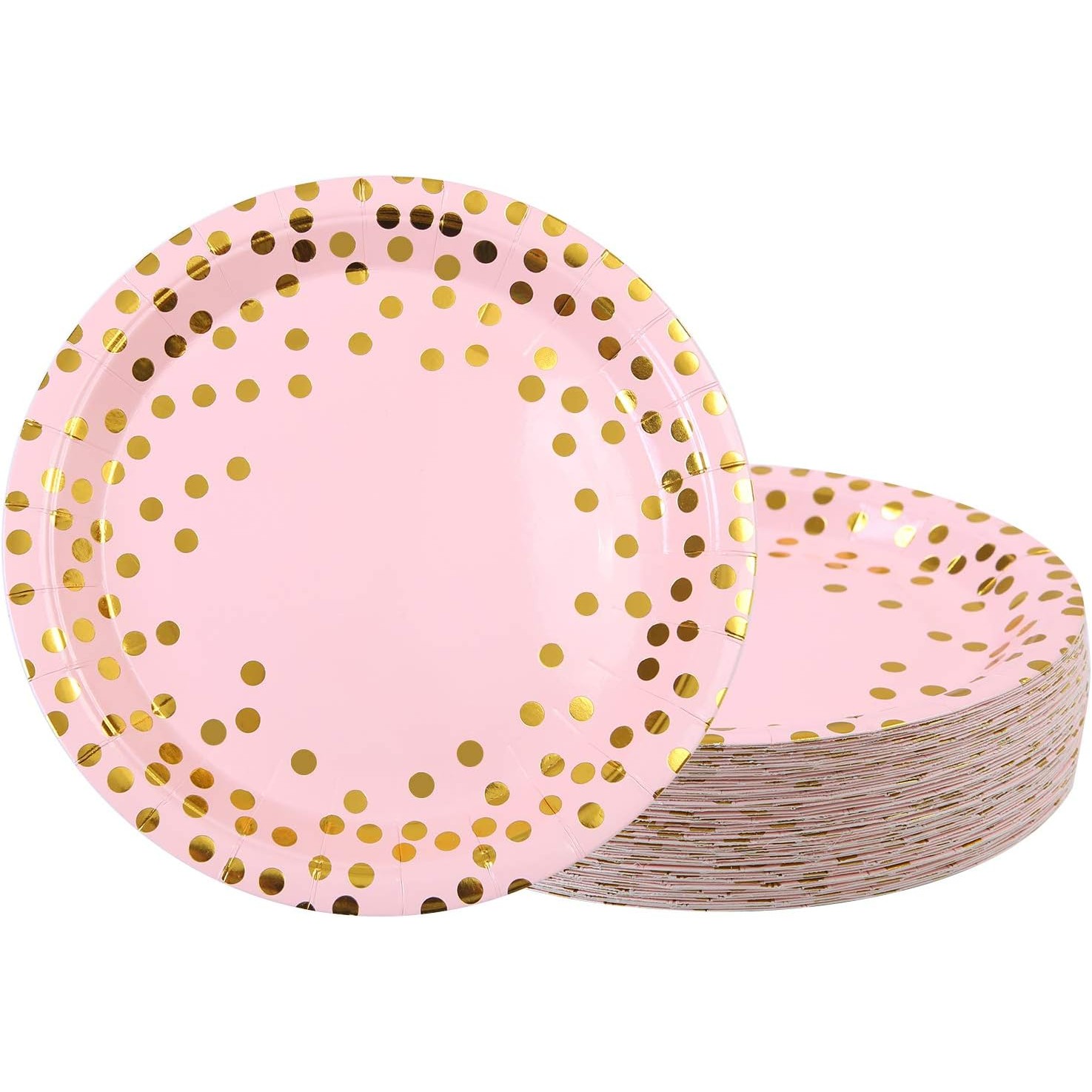 Set 10 Farfurii Unica Folosinta, , Imprimeu cu Buline, din Carton, Diametru 23 cm, Roz/Auriu - imagine 3