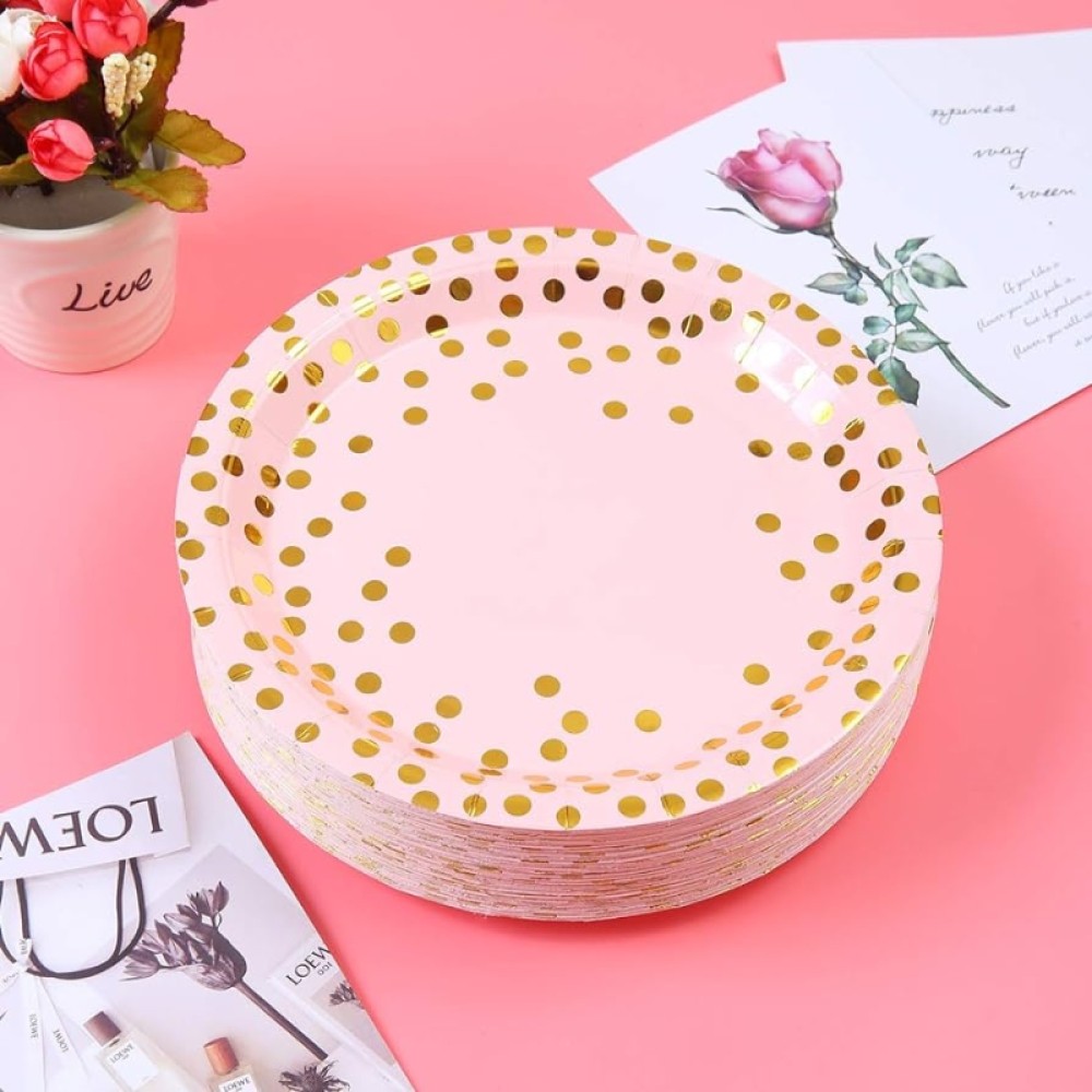 Set 10 Farfurii Unica Folosinta, , Imprimeu cu Buline, din Carton, Diametru 23 cm, Roz/Auriu - imagine 4
