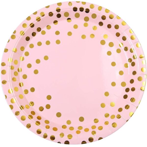 Set 10 Farfurii Unica Folosinta, , Imprimeu cu Buline, din Carton, Diametru 23 cm, Roz/Auriu