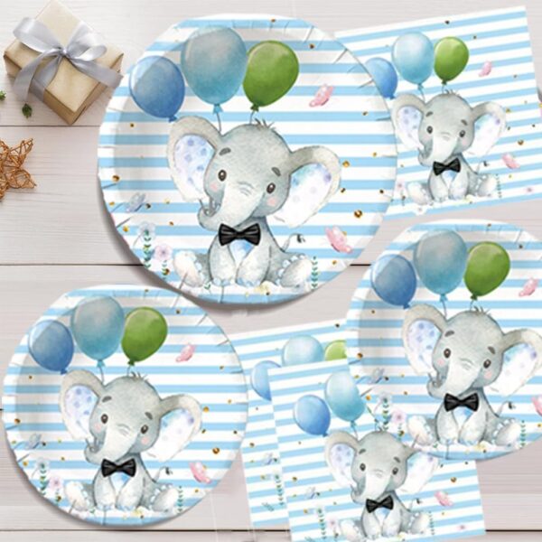 Set 10 Farfurii Unica Folosinta, , Imprimeu Elefant, din Carton, 17 cm, Albastru - imagine 2