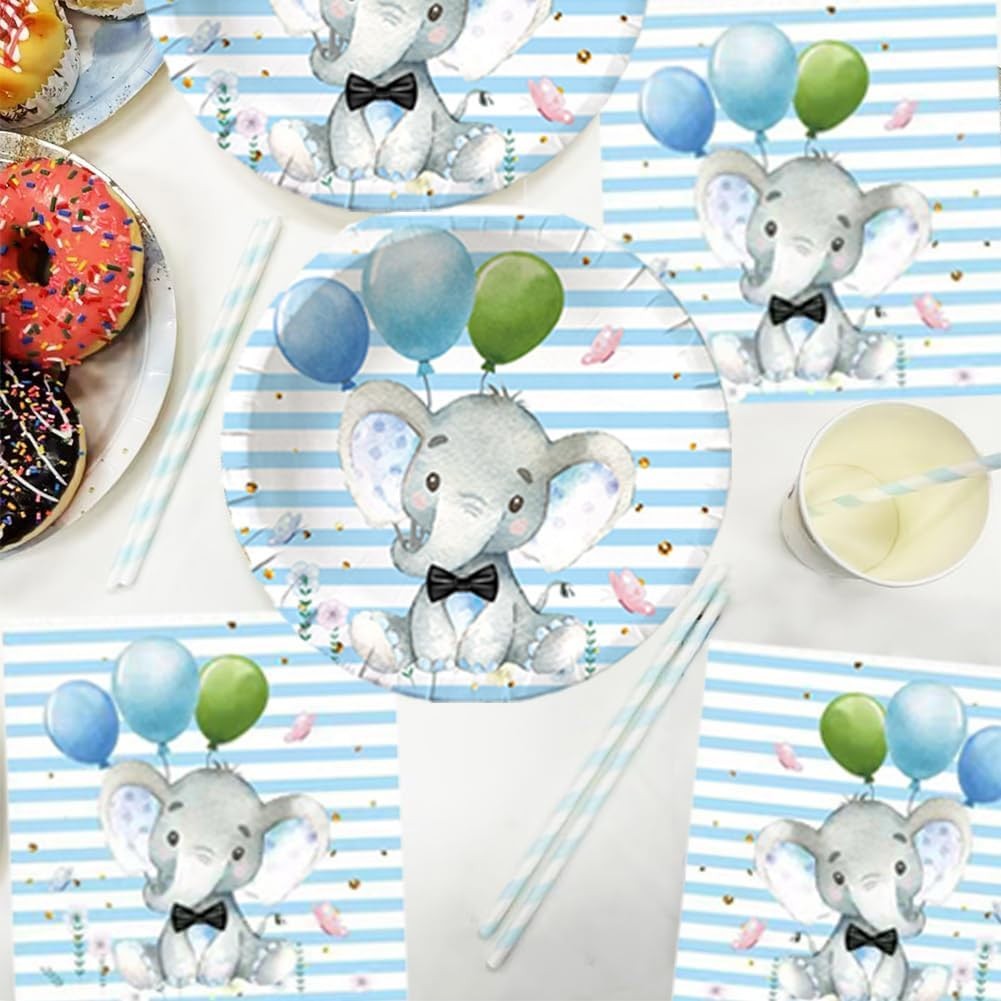 Set 10 Farfurii Unica Folosinta, , Imprimeu Elefant, din Carton, 17 cm, Albastru - imagine 3