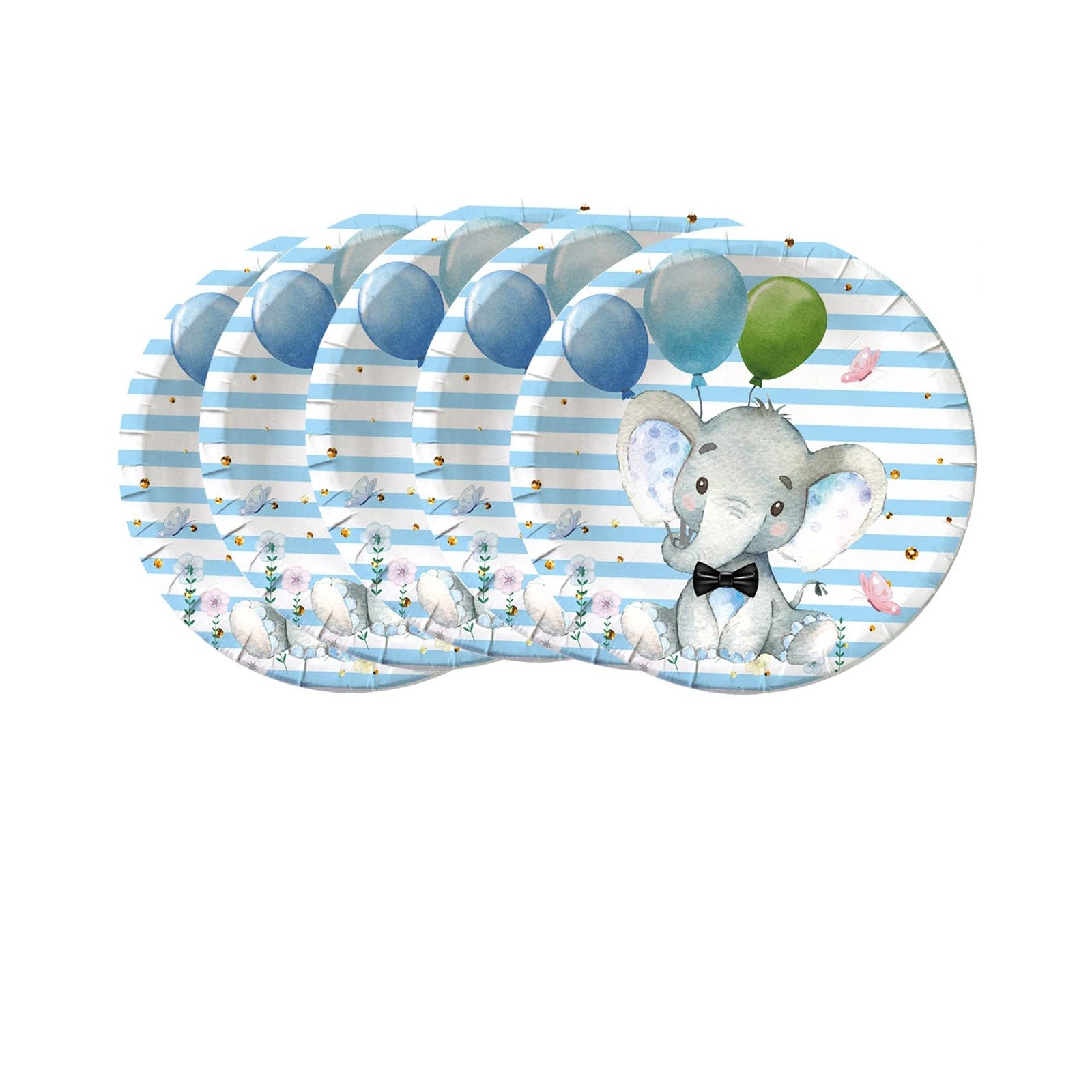 Set 10 Farfurii Unica Folosinta, , Imprimeu Elefant, din Carton, 17 cm, Albastru - imagine 4