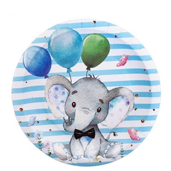 Set 10 Farfurii Unica Folosinta, , Imprimeu Elefant, din Carton, 17 cm, Albastru