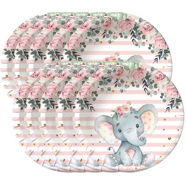 Set 10 Farfurii Unica Folosinta, , Imprimeu Elefant, din Carton, 17 cm, Roz - imagine 2