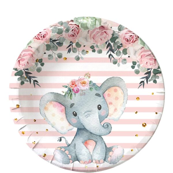 Set 10 Farfurii Unica Folosinta, , Imprimeu Elefant, din Carton, 17 cm, Roz - imagine 3