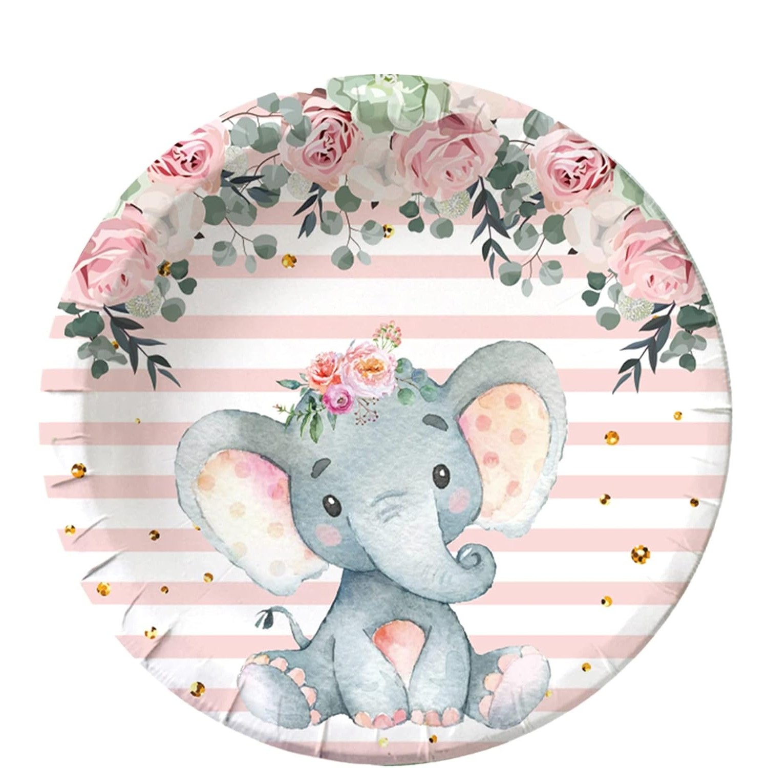 Set 10 Farfurii Unica Folosinta, , Imprimeu Elefant, din Carton, 17 cm, Roz - imagine 3