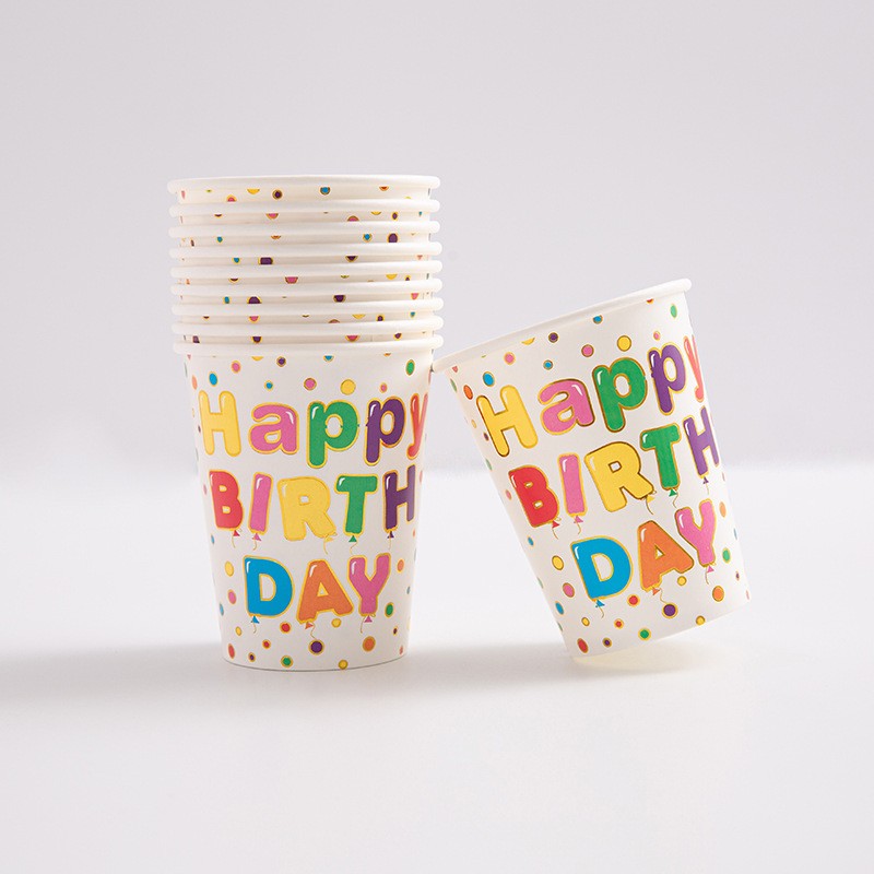Set 10 Pahare, , Imprimeu Happy Birthday, din Carton, 250 ml, 7.5 x 8.5 cm, Multicolor - imagine 2