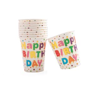 Set 10 Pahare, , Imprimeu Happy Birthday, din Carton, 250 ml, 7.5 x 8.5 cm, Multicolor